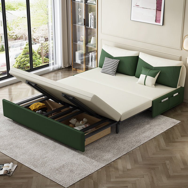 Contemporary Faux Leather Futon And Mattress, Storage Sleeper Sofa in Green and White