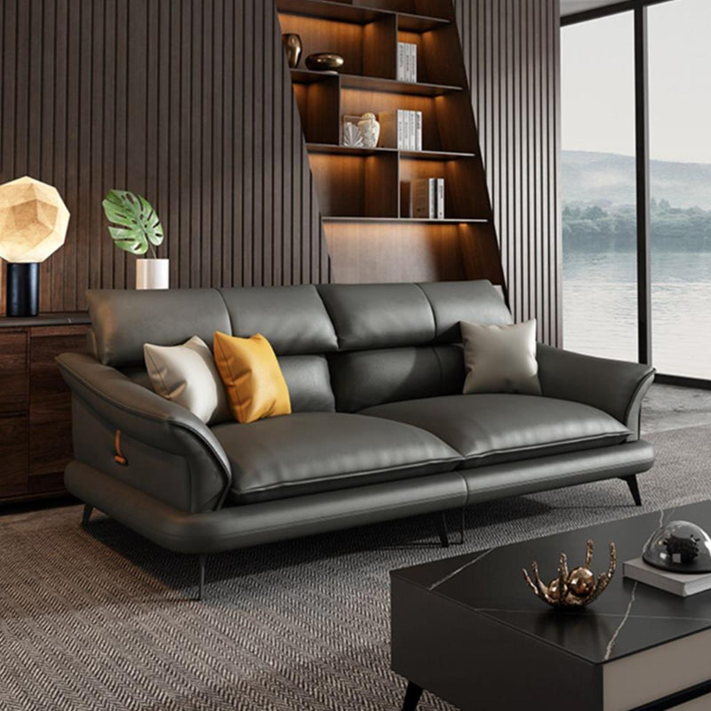 Glam Settee Genuine Leather Black Living Room Flared Arm Cushions Standard Sofa
