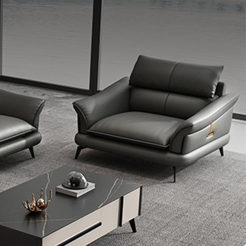 Glam Settee Genuine Leather Black Living Room Flared Arm Cushions Standard Sofa