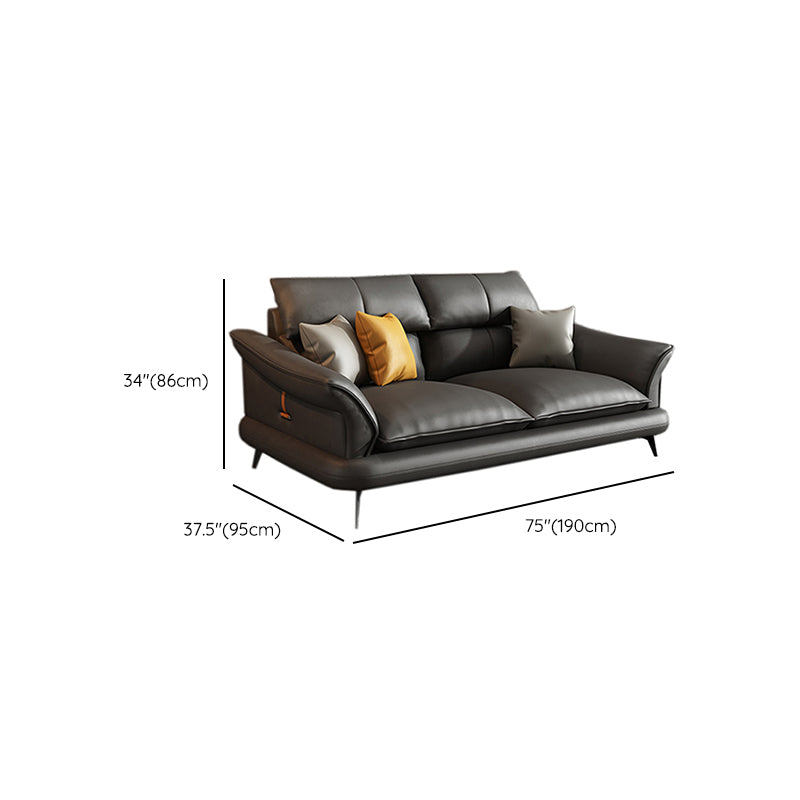Glam Settee Genuine Leather Black Living Room Flared Arm Cushions Standard Sofa