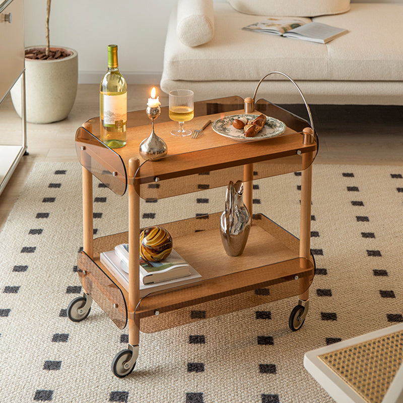 Rectangular Solid Wood End Table with Casters 28.7" Tall 2-Tier Side Table in Brown