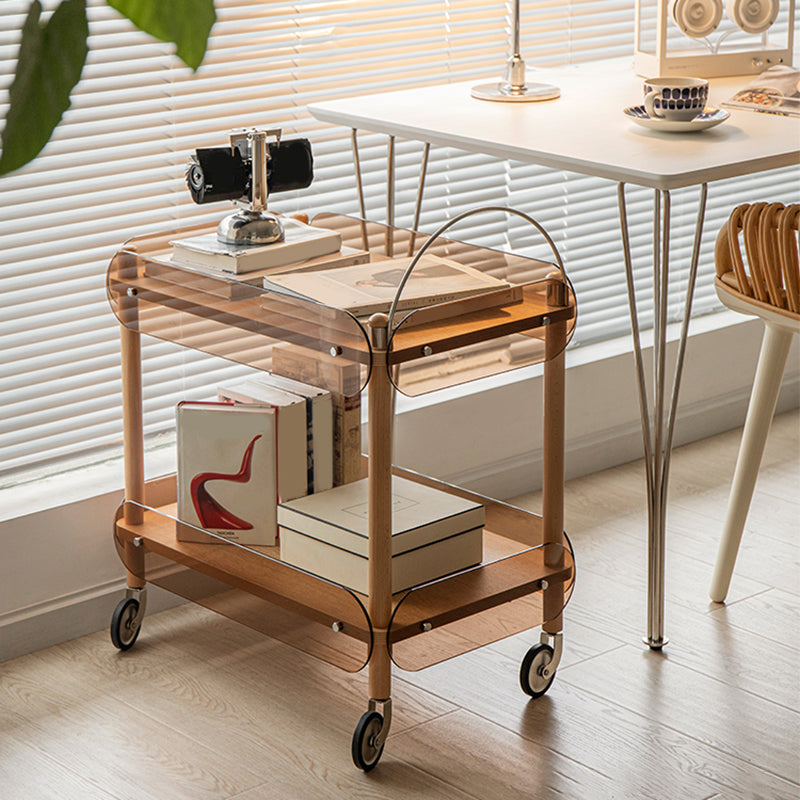 Rectangular Solid Wood End Table with Casters 28.7" Tall 2-Tier Side Table in Brown