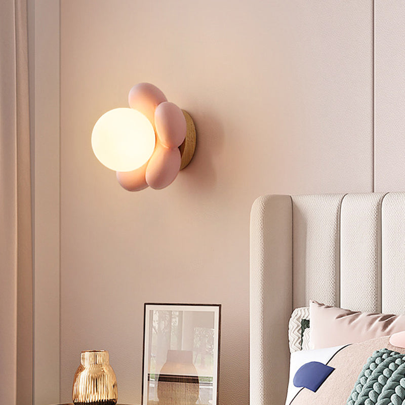 Children Style Wall Mount Lamp Wooden Flower Shape with Glass Shade for Bedroom