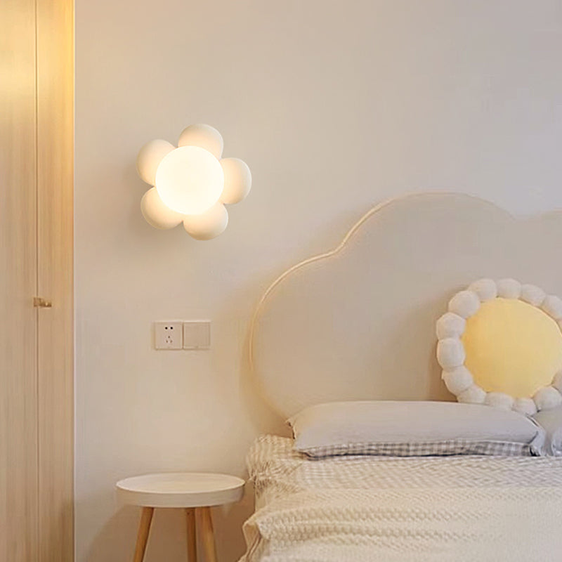 Children Style Wall Mount Lamp Wooden Flower Shape with Glass Shade for Bedroom