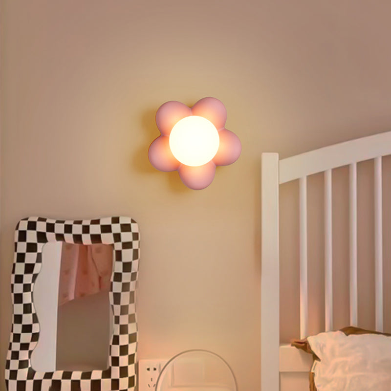Children Style Wall Mount Lamp Wooden Flower Shape with Glass Shade for Bedroom