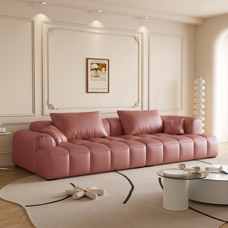 Scandinavian Faux Leather Pillow Back Recessed Arm Sofa For Living Room
