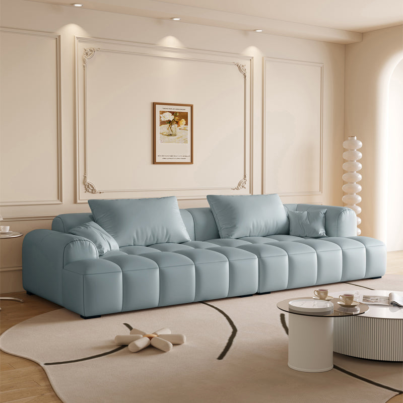 Scandinavian Faux Leather Pillow Back Recessed Arm Sofa For Living Room