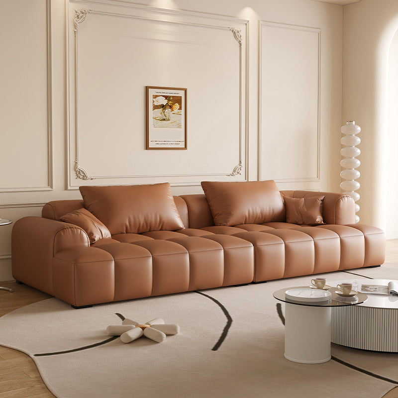 Scandinavian Faux Leather Pillow Back Recessed Arm Sofa For Living Room