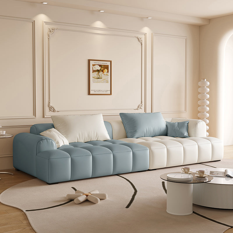 Scandinavian Faux Leather Pillow Back Recessed Arm Sofa For Living Room