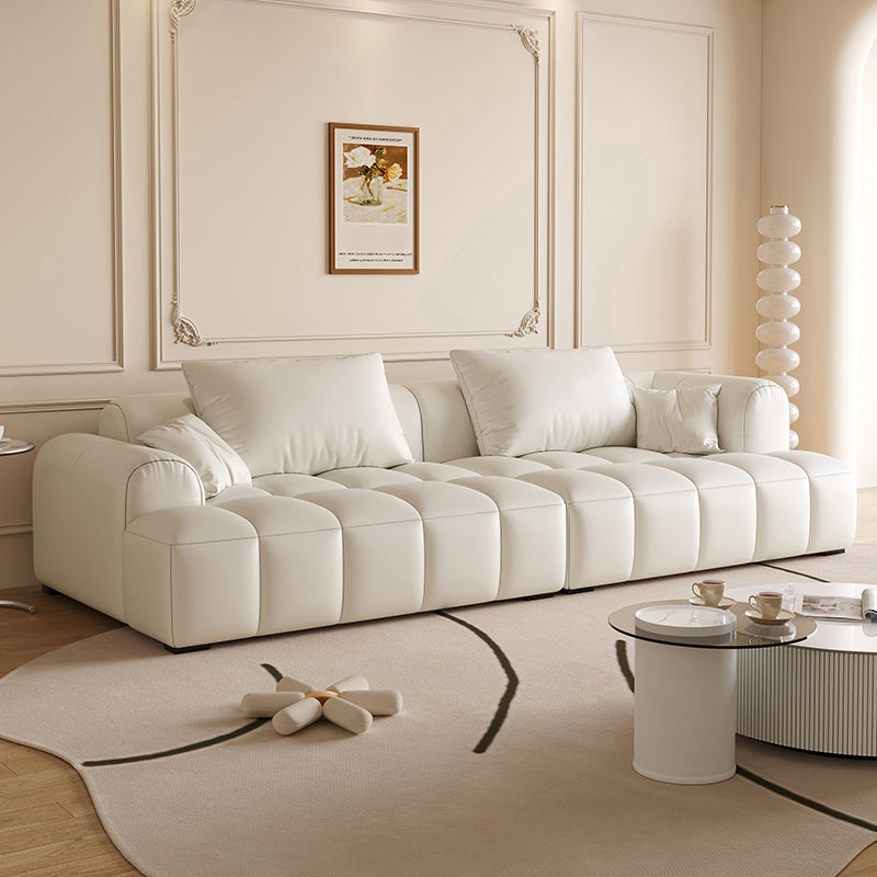 Scandinavian Faux Leather Pillow Back Recessed Arm Sofa For Living Room