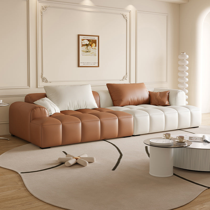 Scandinavian Faux Leather Pillow Back Recessed Arm Sofa For Living Room