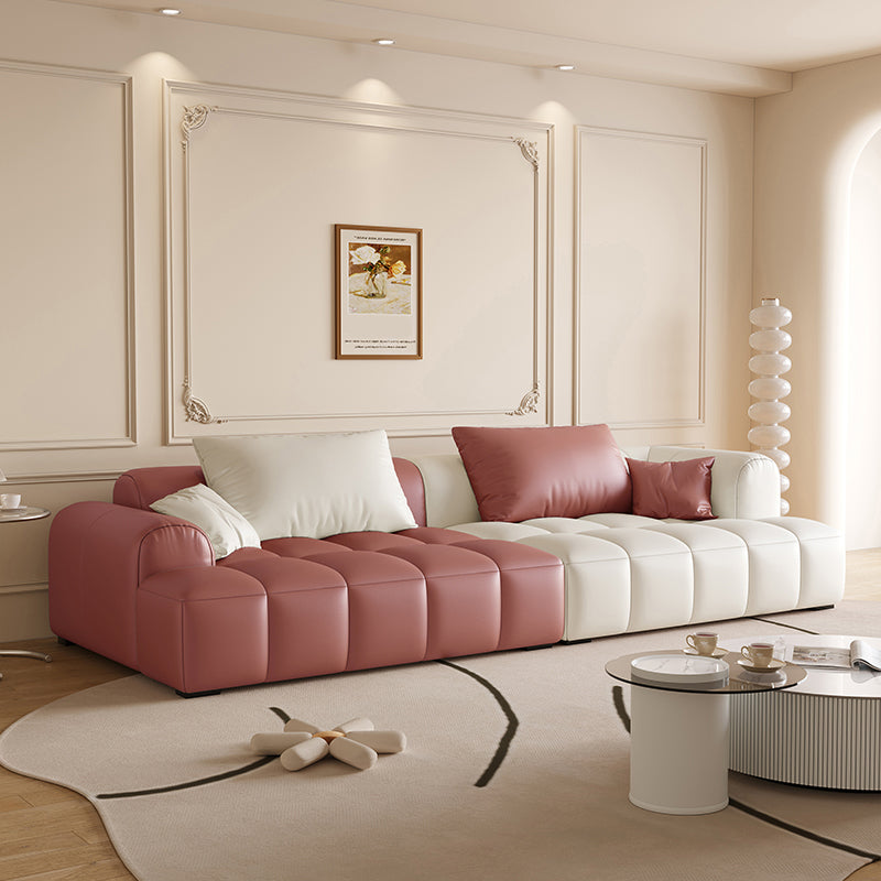Scandinavian Faux Leather Pillow Back Recessed Arm Sofa For Living Room