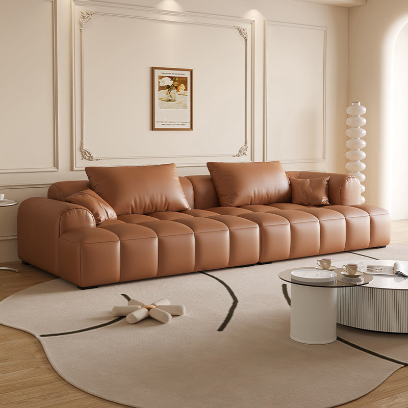 Scandinavian Faux Leather Pillow Back Recessed Arm Sofa For Living Room