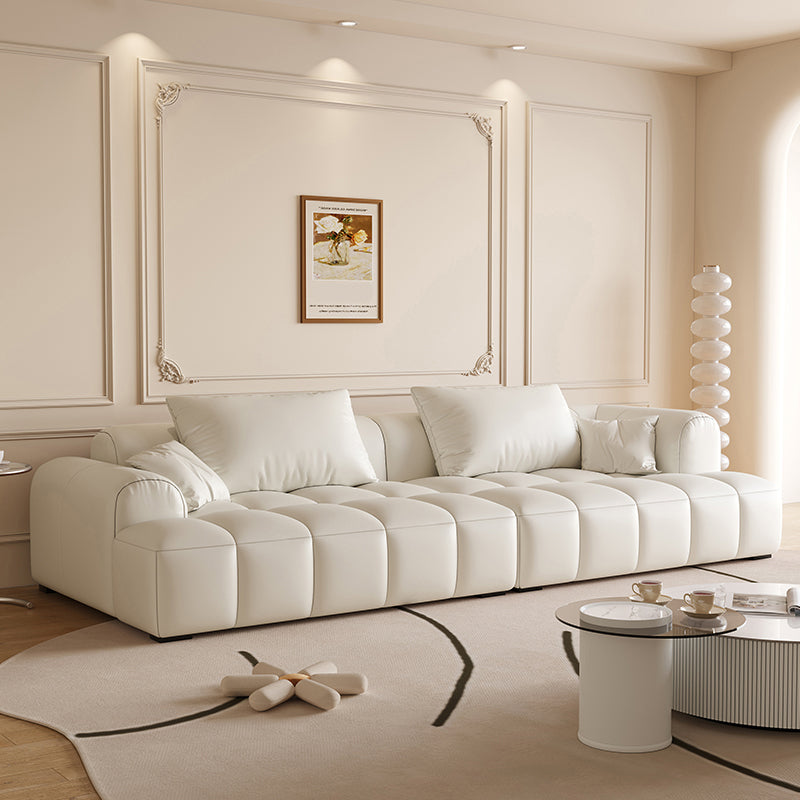 Scandinavian Faux Leather Pillow Back Recessed Arm Sofa For Living Room