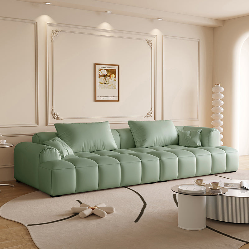 Scandinavian Faux Leather Pillow Back Recessed Arm Sofa For Living Room