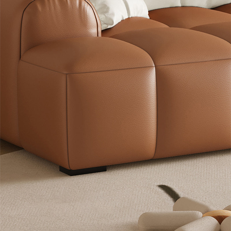 Scandinavian Faux Leather Pillow Back Recessed Arm Sofa For Living Room