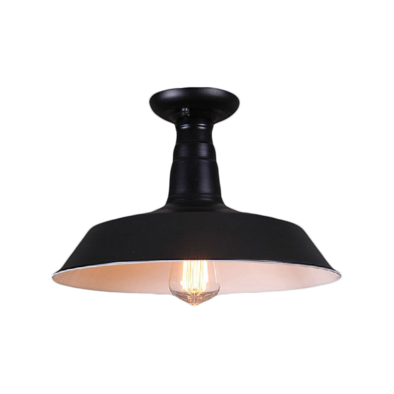10"/14" Dia 1 Bulb Semi-Flush Mount Light Industrial Barn Shade Metallic Close to Ceiling Light in Black
