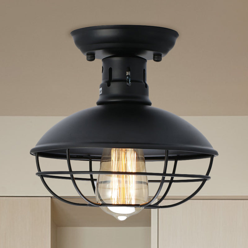 Black Bowl Semi Flush Mount Farmhouse Stylish Metal 1 Light Dining Room Semi Flush Ceiling Fixture with Cage Shade