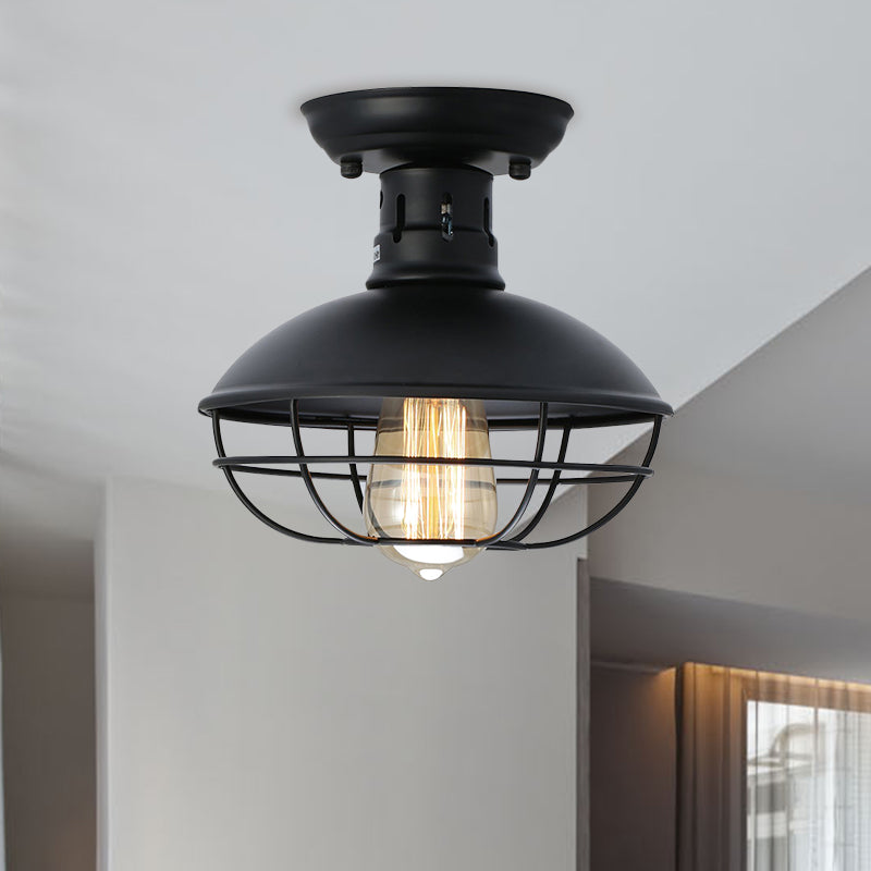 Black Bowl Semi Flush Mount Farmhouse Stylish Metal 1 Light Dining Room Semi Flush Ceiling Fixture with Cage Shade