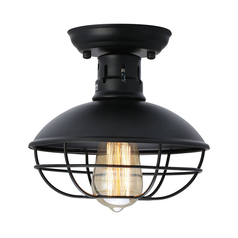 Black Bowl Semi Flush Mount Farmhouse Stylish Metal 1 Light Dining Room Semi Flush Ceiling Fixture with Cage Shade