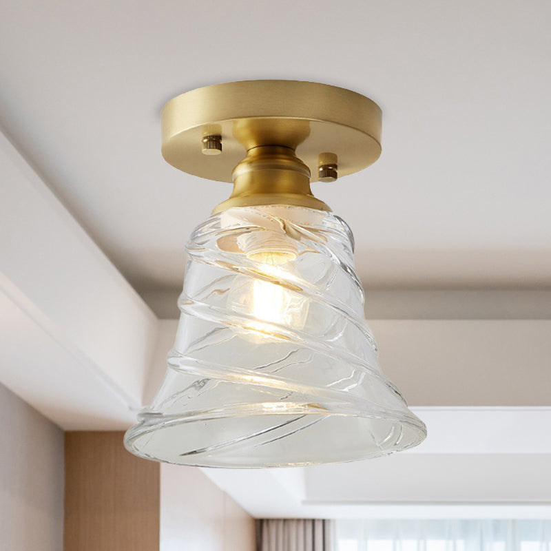 Single Bulb Semi Flush Mount Industrial Cone Clear Textured Glass Ceiling Light in Brass for Living Room