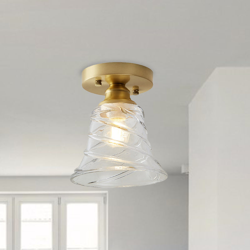 Single Bulb Semi Flush Mount Industrial Cone Clear Textured Glass Ceiling Light in Brass for Living Room
