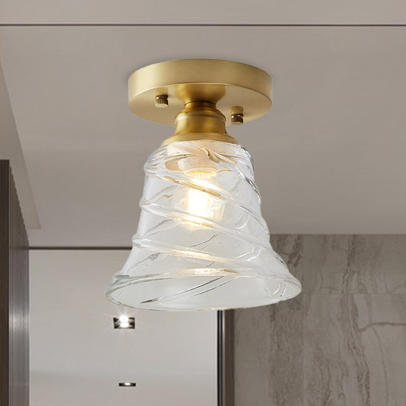 Single Bulb Semi Flush Mount Industrial Cone Clear Textured Glass Ceiling Light in Brass for Living Room
