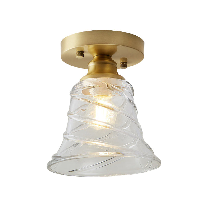 Single Bulb Semi Flush Mount Industrial Cone Clear Textured Glass Ceiling Light in Brass for Living Room