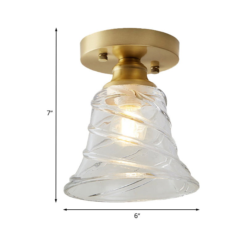 Single Bulb Semi Flush Mount Industrial Cone Clear Textured Glass Ceiling Light in Brass for Living Room