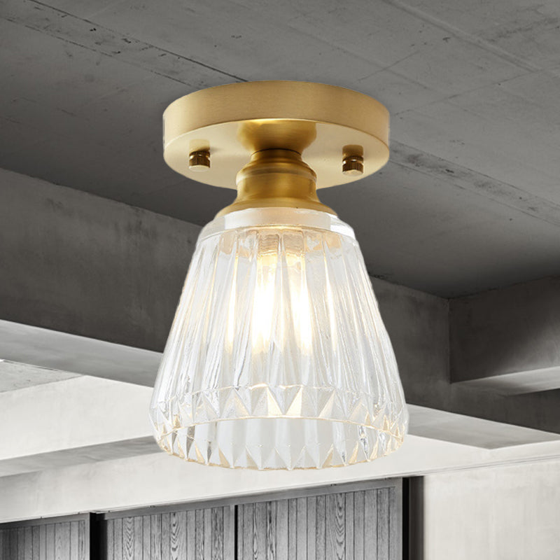 Single Bulb Semi Flush Mount Industrial Cone Clear Textured Glass Ceiling Light in Brass for Living Room