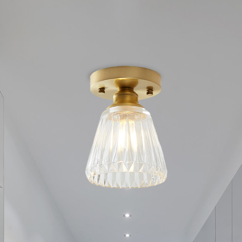 Single Bulb Semi Flush Mount Industrial Cone Clear Textured Glass Ceiling Light in Brass for Living Room