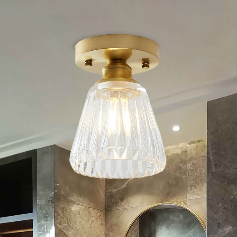 Single Bulb Semi Flush Mount Industrial Cone Clear Textured Glass Ceiling Light in Brass for Living Room