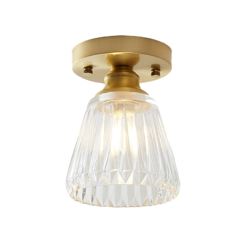 Single Bulb Semi Flush Mount Industrial Cone Clear Textured Glass Ceiling Light in Brass for Living Room