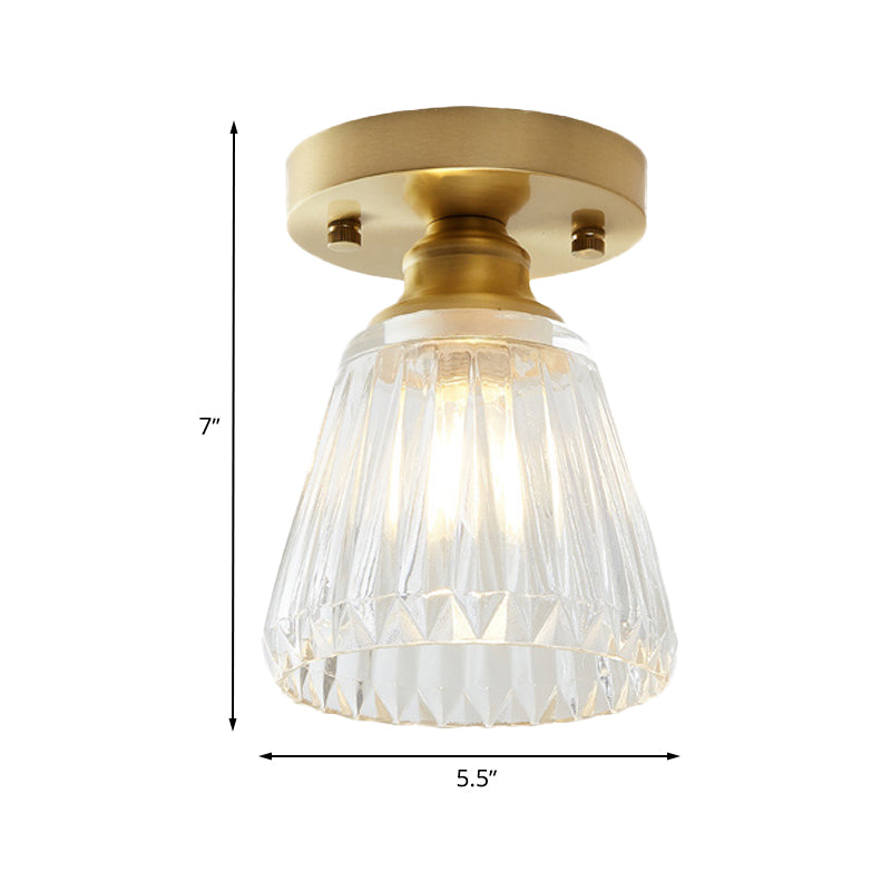 Single Bulb Semi Flush Mount Industrial Cone Clear Textured Glass Ceiling Light in Brass for Living Room