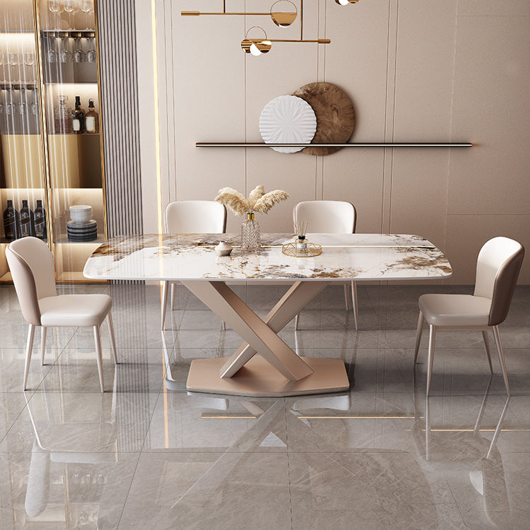 Luxury Rectangular White Stone Top Dining Table with Gold Metal X-Base