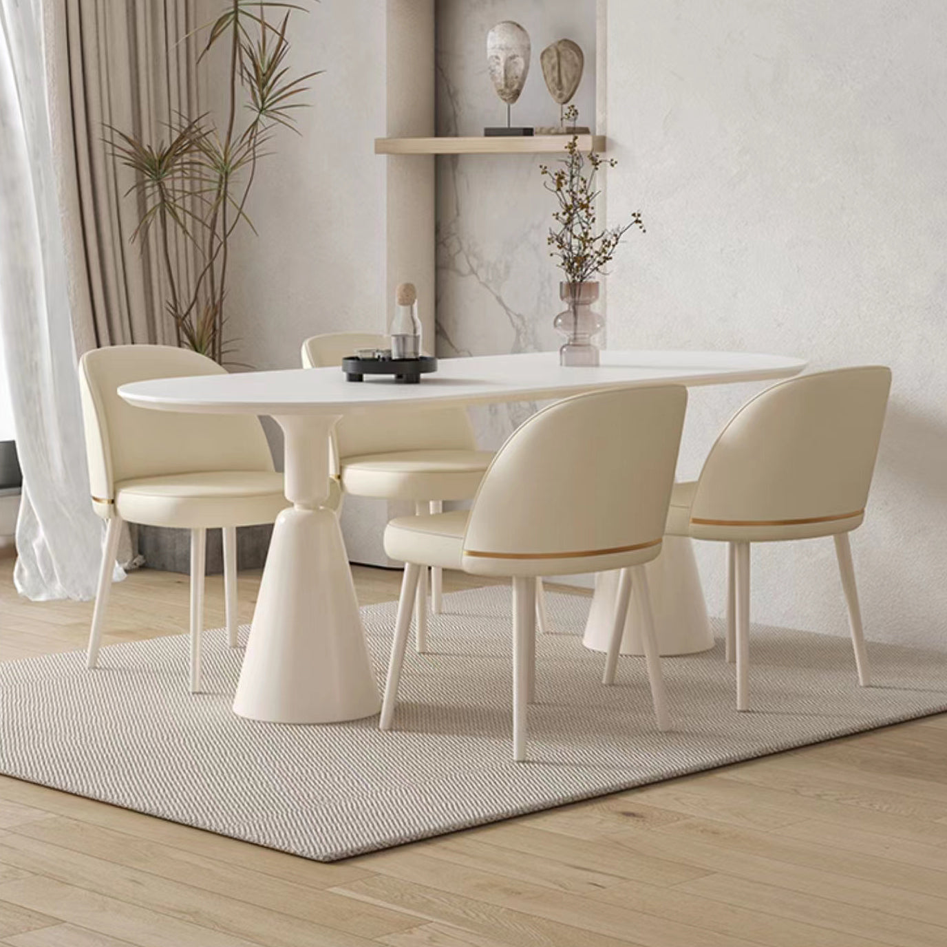 Modern White Top Dining Table for Small Space Linen White Finish Steel Base