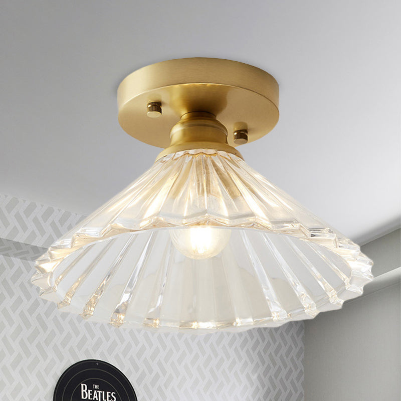 Single Bulb Semi Flush Mount Industrial Cone Clear Textured Glass Ceiling Light in Brass for Living Room