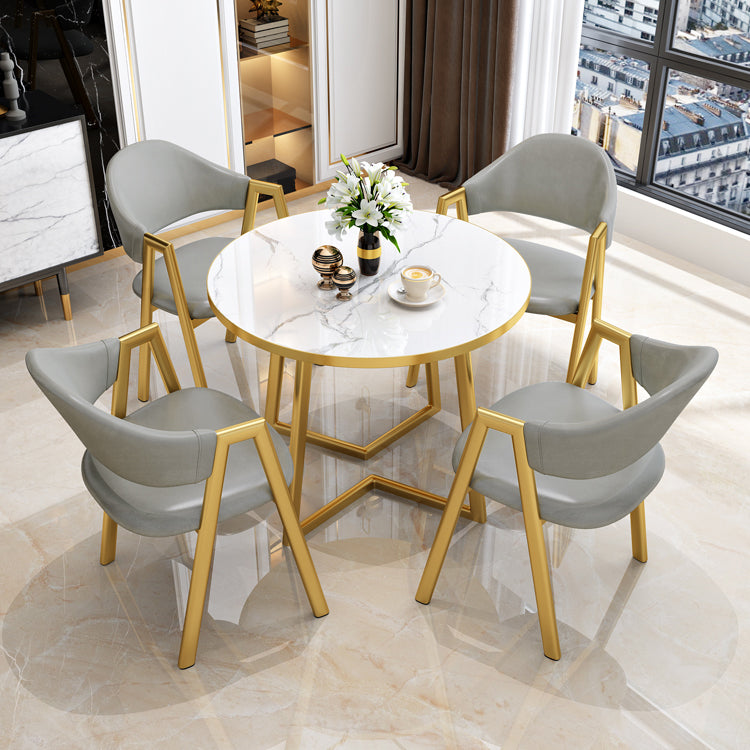 Glam Wood Top Dining Table Round Tabletop with Iron Double Pedestal Base