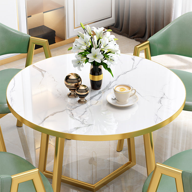 Glam Wood Top Dining Table Round Tabletop with Iron Double Pedestal Base