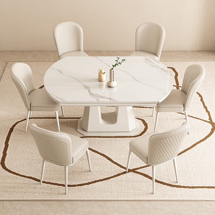 White Modern Extendable Stone Dining Table with Double Drop Leaf