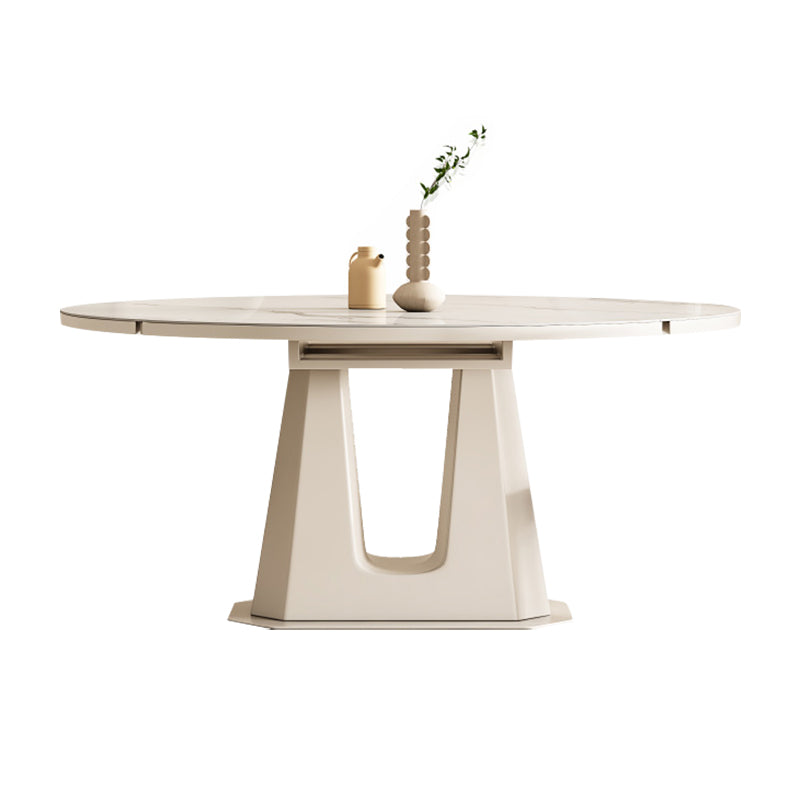White Modern Extendable Stone Dining Table with Double Drop Leaf