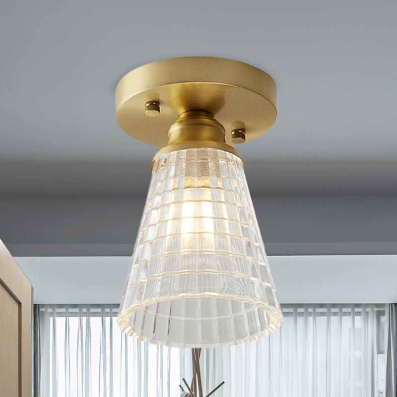 Single Bulb Semi Flush Mount Industrial Cone Clear Textured Glass Ceiling Light in Brass for Living Room