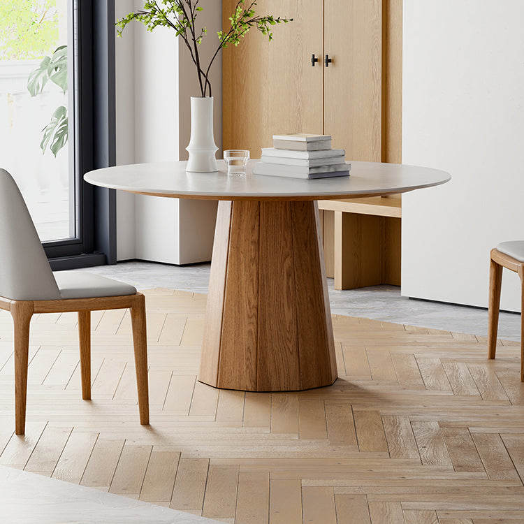 Modern Stone Top Dining Table Round Tabletop with Solid Wood Pedestal Base