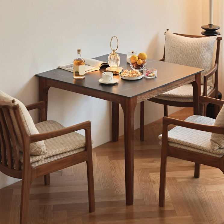 Modern Stone Top Dining Table Square Tabletop with Solid Wood Legs