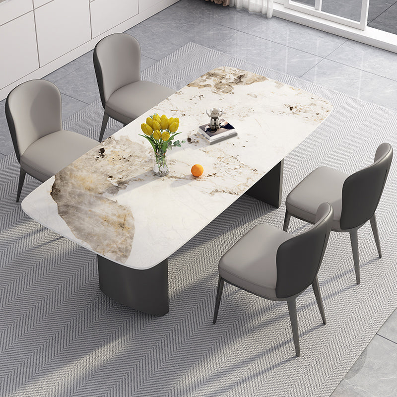 White Stone Top Dining Table Rectangular Tabletop with Metal Double Pedestal Base