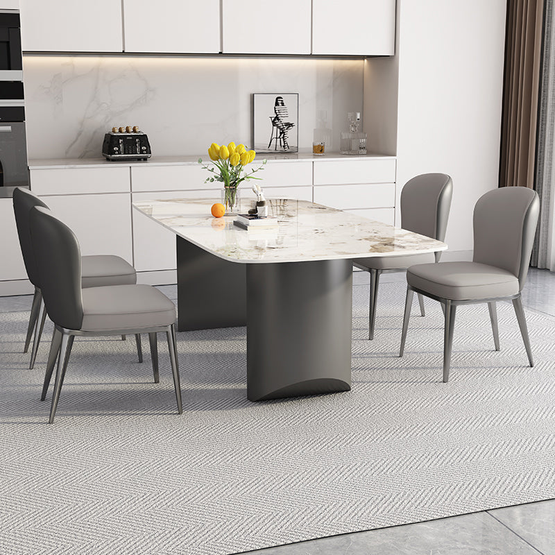 White Stone Top Dining Table Rectangular Tabletop with Metal Double Pedestal Base
