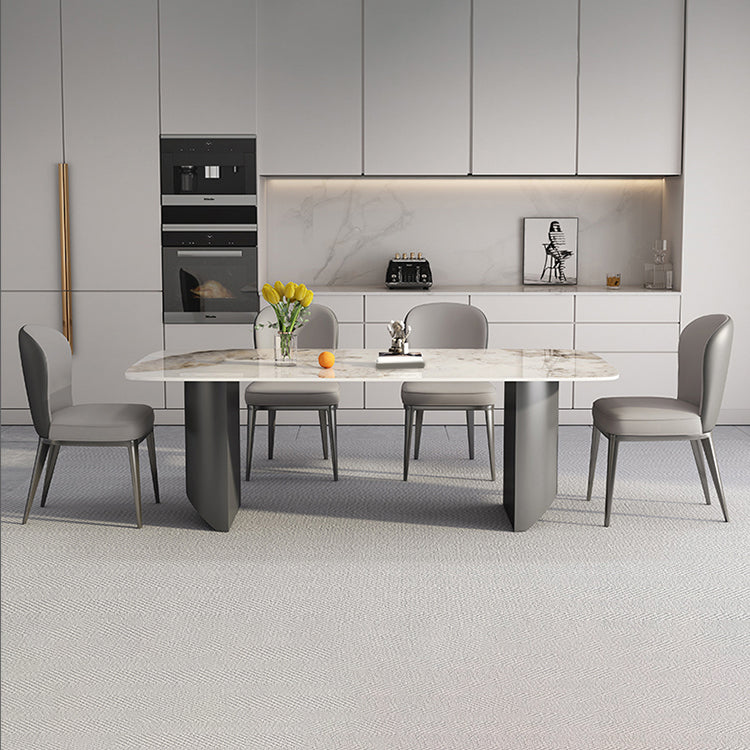 White Stone Top Dining Table Rectangular Tabletop with Metal Double Pedestal Base