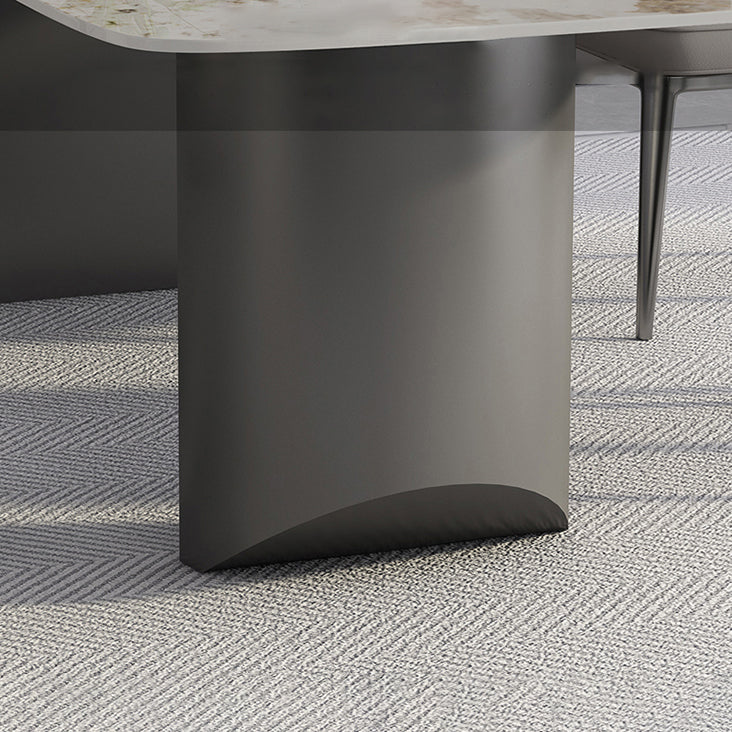 White Stone Top Dining Table Rectangular Tabletop with Metal Double Pedestal Base