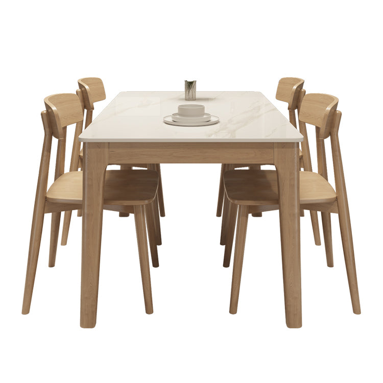 Modern White Stone Top Dining Table Rectangular Tabletop with Wood Legs