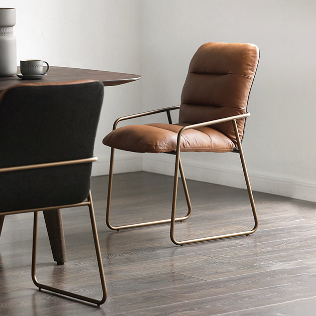 Glam Style Leather Parsons Back Metal Base Home Use Dining Arm Chair